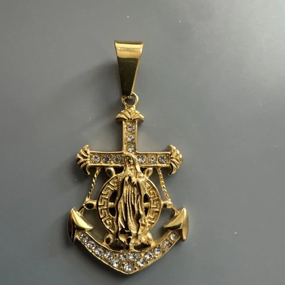 Gold Plated Cross Anchor Virgin Mary Stainless Steel Pendant 24” Necklace Jesus